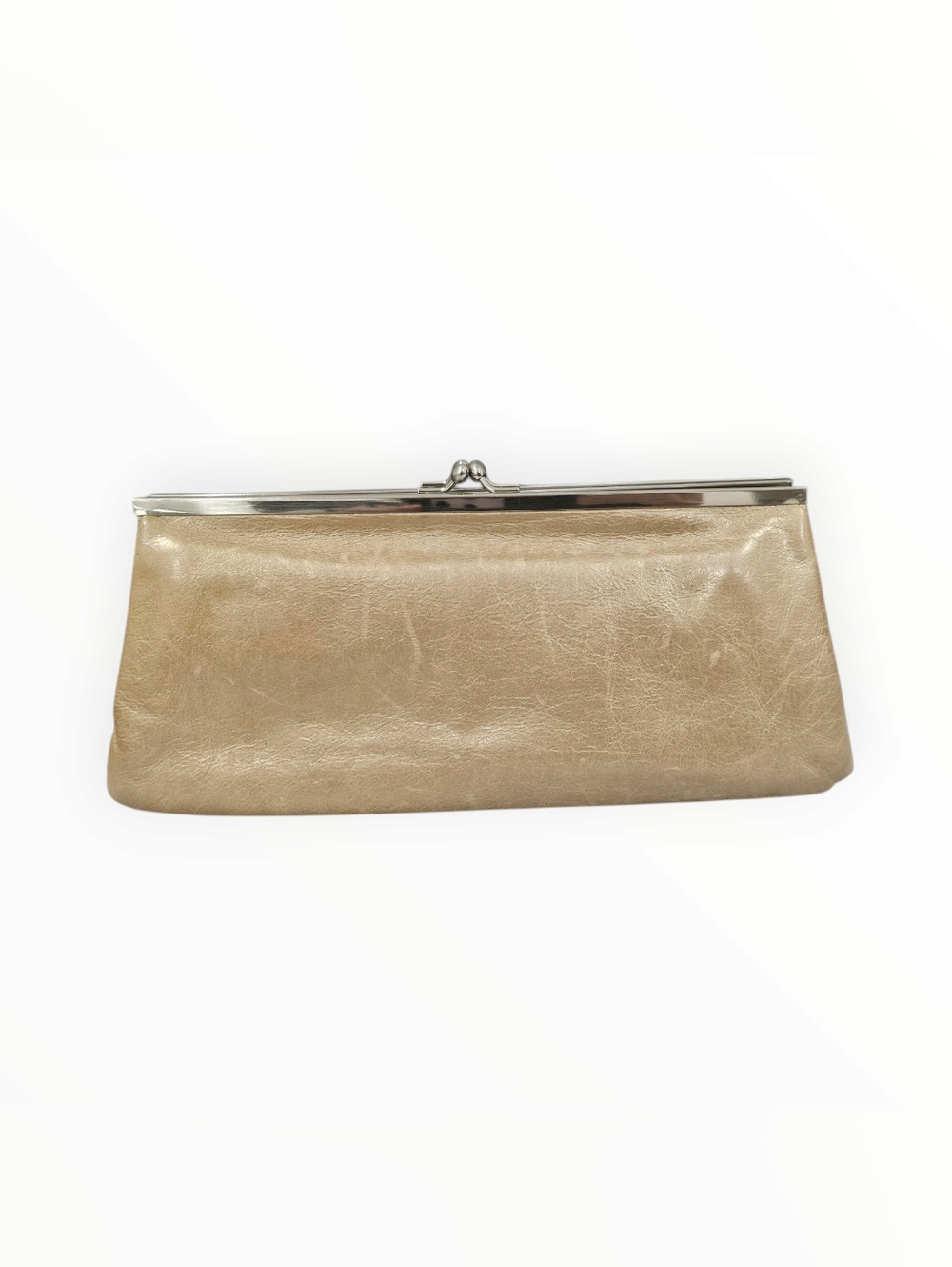 HOBO International Champagne Leather Double Frame Kiss Lock Organizer Clutch